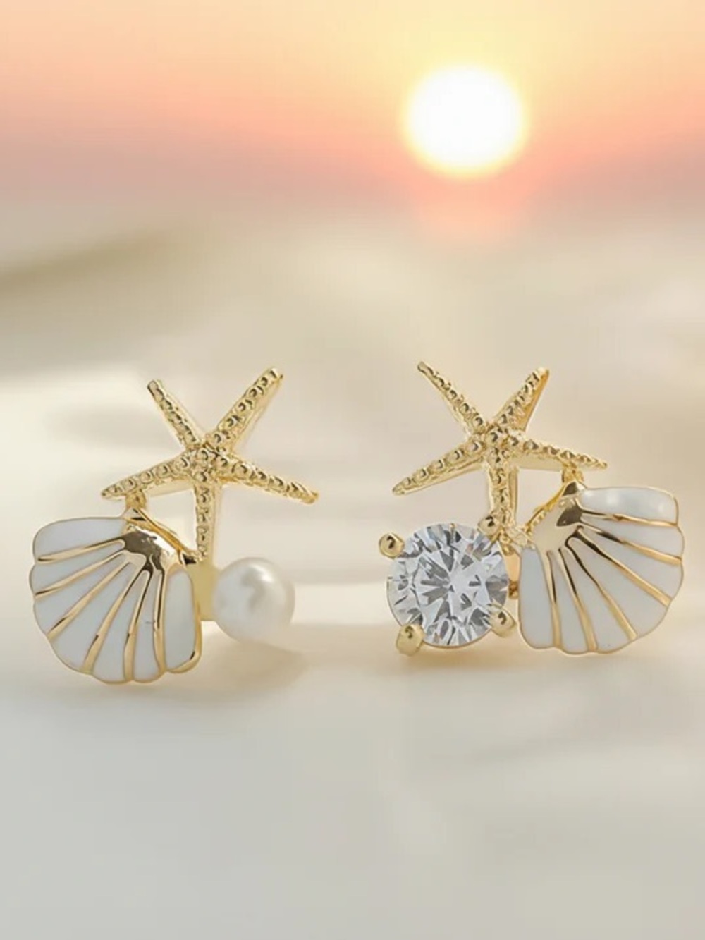 Gold Palm Tree and Seashell Stud Earring Set - White & Gold - Picture 6 of 8